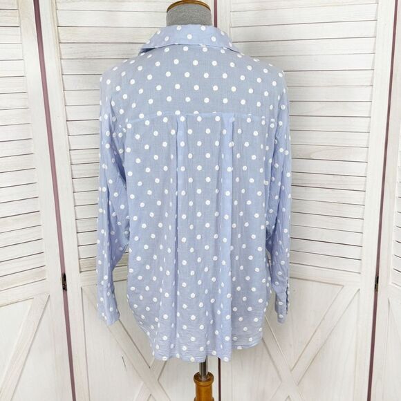 Zara Gauze Embroidered Polka Dot Button Up Shirt Blue White Large - Picture 4 of 12